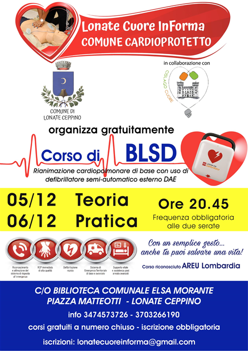 Corso defibrillatore gratuito 5 e 6 dicembre