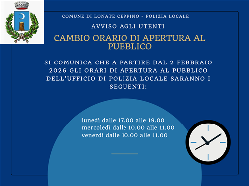 Cambio orario apertura al pubblico ufficio Polizia Locale